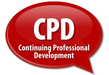 A red word balloon containing the words CPD: Continuing Professional Development.